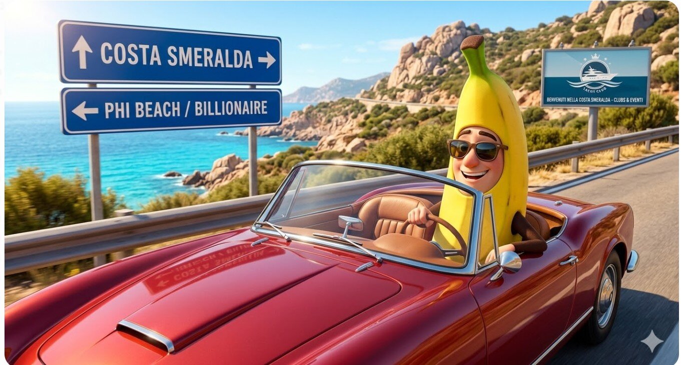 Una vignetta cinematografica in 3D di Nano Banana che guida una macchina d epoca rossa decappottabile sulla strada costiera sarda verso la Costa Smeralda. Sullo sfondo ci sono i cartelli stradali per Phi Beach e Billionaire e un cartellone di benvenuto. L