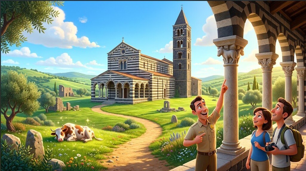 Illustrazione 3D stile Pixar della Basilica di Saccargia in Sardegna, situata in una valle verde. Una guida indica un dettaglio scolpito a una coppia di turisti sorridenti. Nel prato, una mucca pezzata riposa tranquillamente, riferimento alla leggenda di 