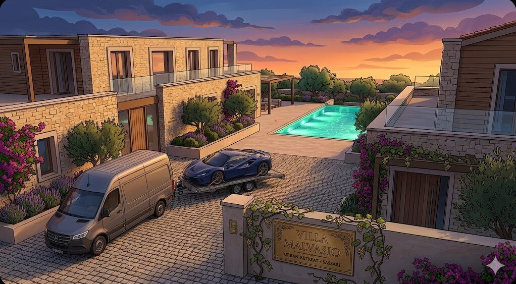 parcheggio-sicuro-furgoni-carrelli-sassari-villa-malvasio.jpeg Illustrazione 3D in stile animato del cortile privato di Villa Malvasio a Sassari al tramonto, con un furgone e un'auto sportiva su carrello parcheggiati al sicuro vicino alla piscina.