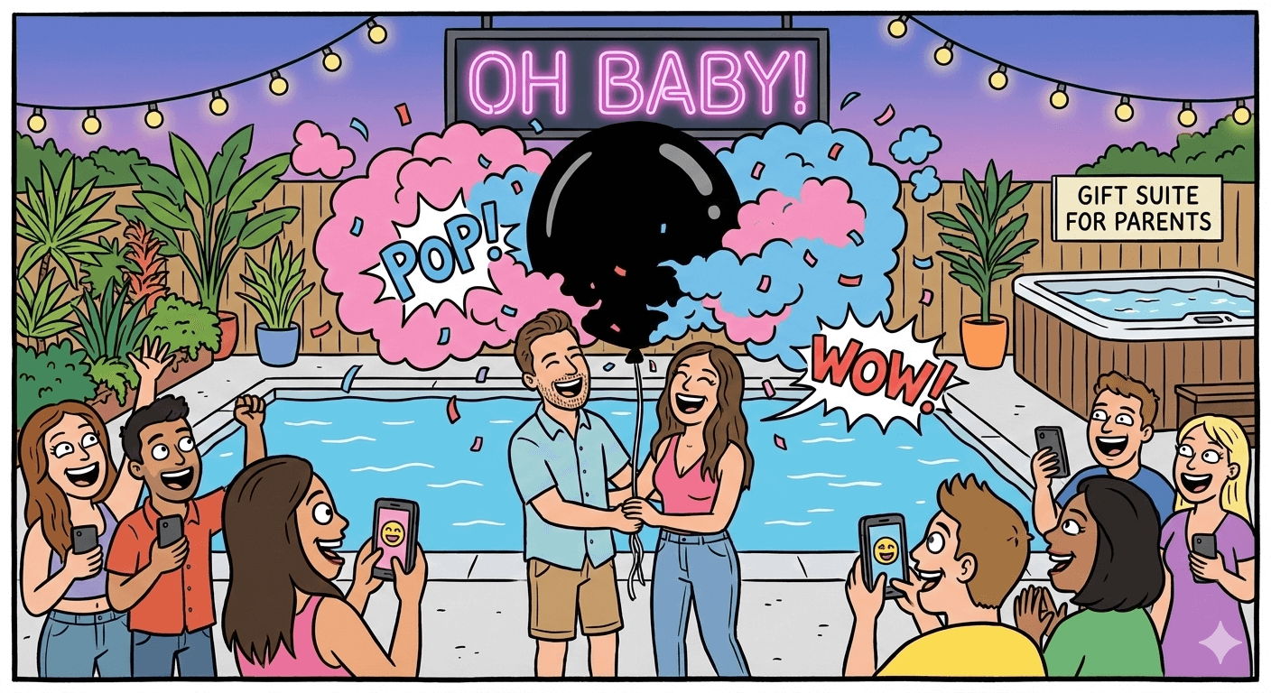 Vignetta festa gender reveal a bordo piscina Villa Malvasio Sassari con amici e suite regalo