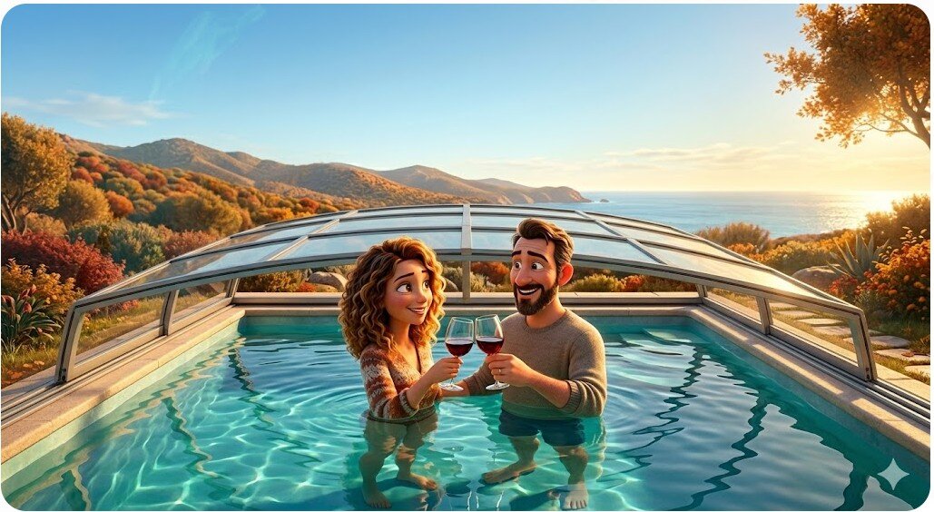 Coppia rilassata in piscina con copertura scorrevole bassa a Villa Malvasio in autunno, degustando vino rosso di Usini.