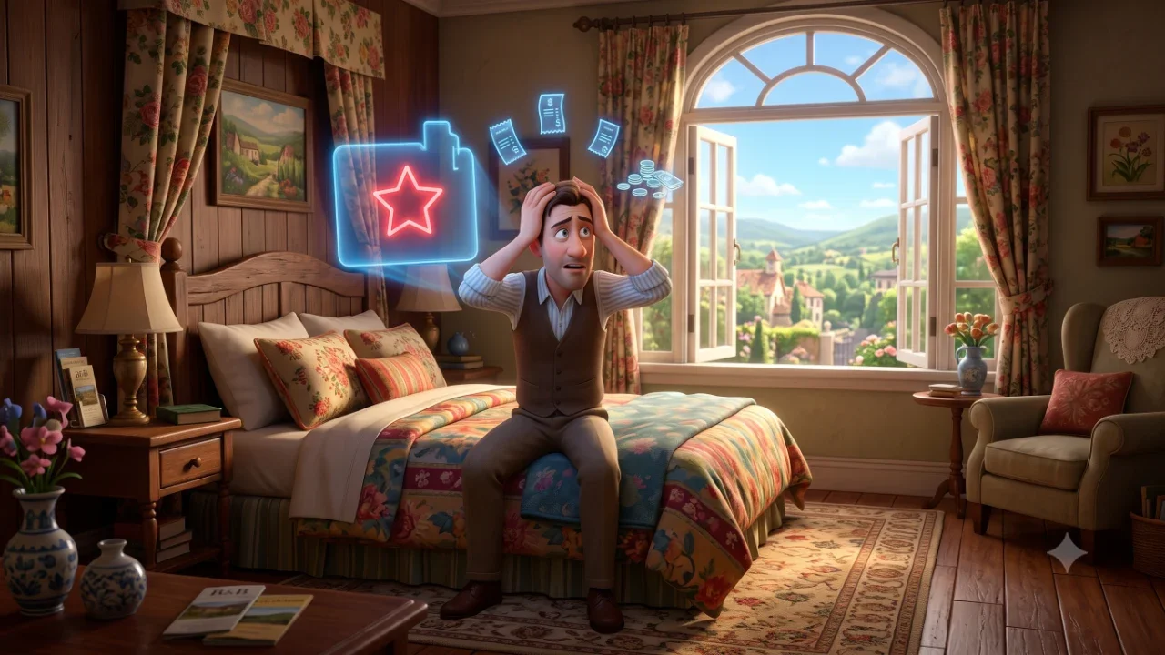 aprire-bed-and-breakfast-conviene-guadagni-reali.webp Un gestore di Bed and Breakfast in stile Pixar siede disperato sul letto mentre fluttua una recensione a una stella rossa luminosa e icone di bollette con poche monete