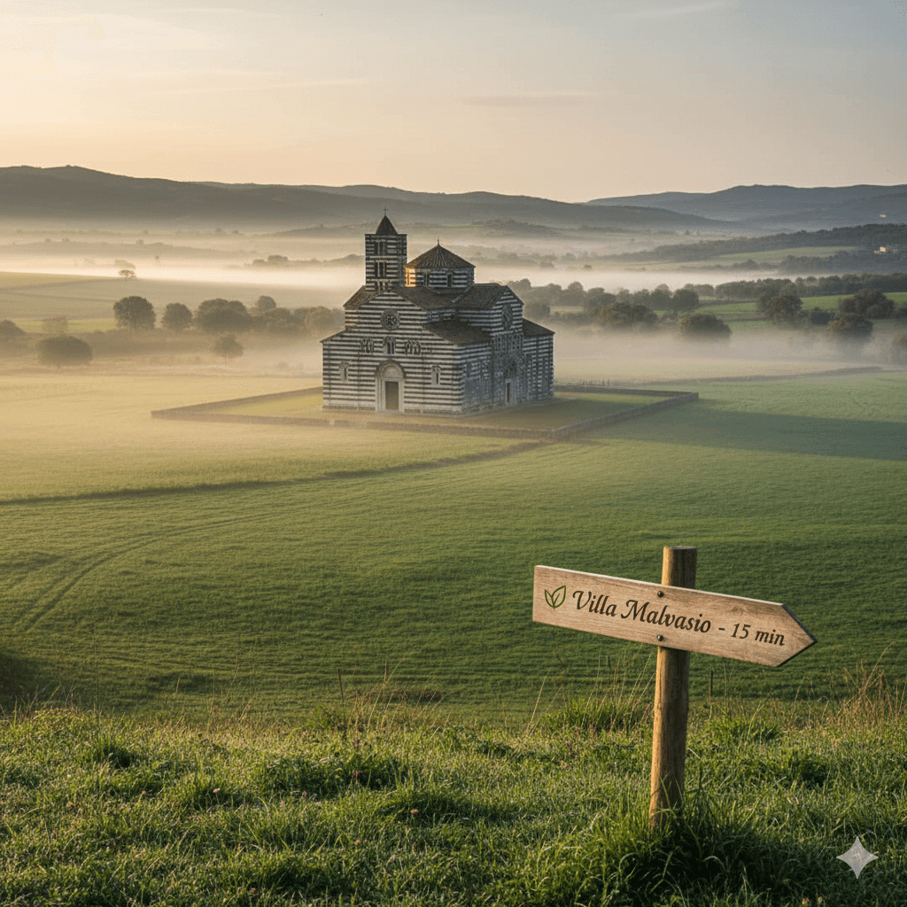 Vista panoramica della Basilica di Saccargia all'alba immersa nella nebbia, con cartello direzionale in legno per Villa Malvasio a 15 minuti.