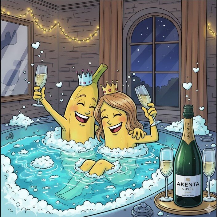 Vignetta di Nano Banana e sua moglie che brindano con vino Akènta in una vasca idromassaggio con cromoterapia azzurra nella SPA privata di Villa Malvasio a Sassari.