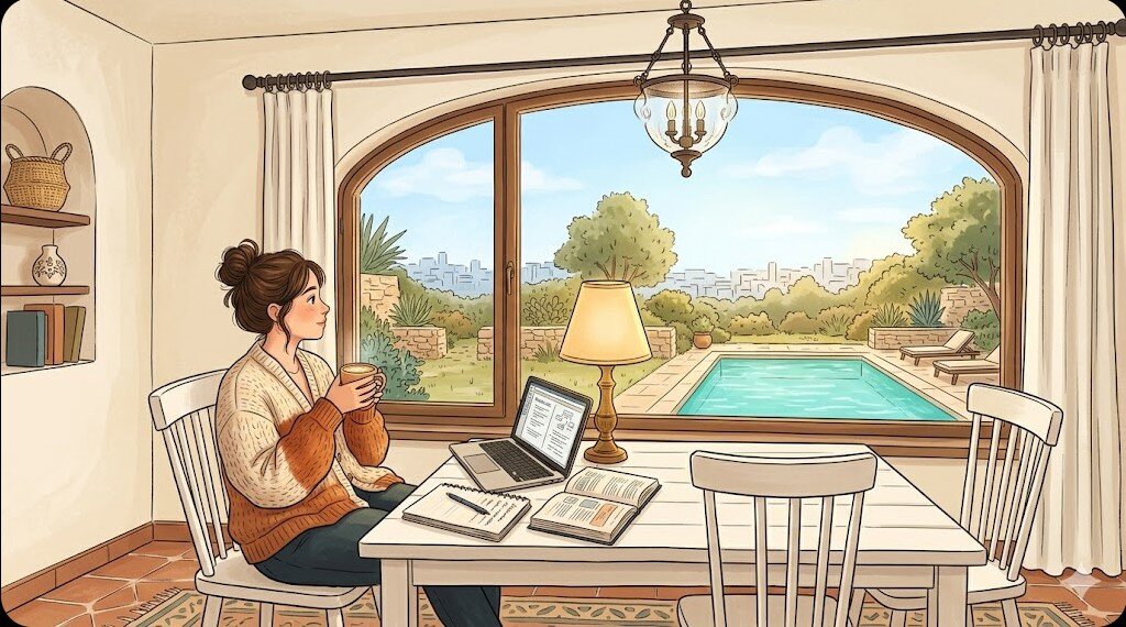 Illustrazione stile cartoon di una studentessa che ripassa per il concorso ARES a Villa Malvasio Sassari, con vista su giardino e piscina