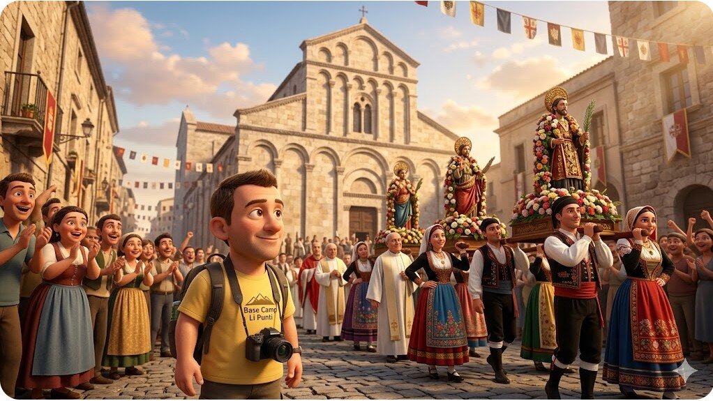 Vignetta in stile cartone animato realistico di Nano Banana turista che osserva la processione della Festha Manna con i simulacri dei santi davanti alla Basilica di San Gavino a Porto Torres.