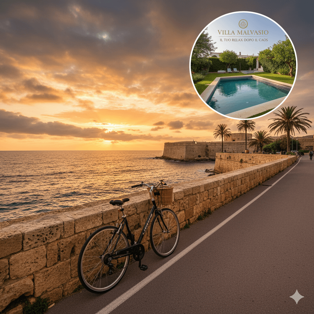 Veduta panoramica dei bastioni di Alghero al tramonto con mare cristallino e richiamo al relax di Villa Malvasio