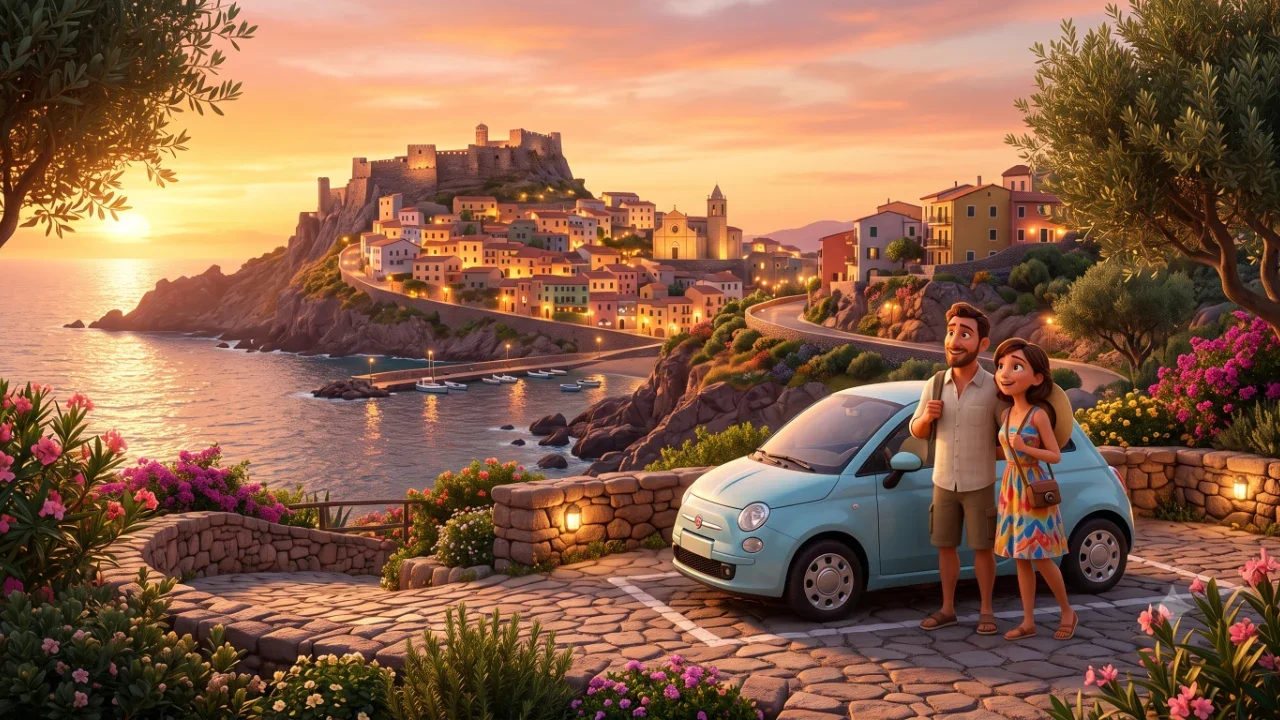 Des touristes sereins admirent le village médiéval de Castelsardo au coucher du soleil après avoir garé leur voiture confortablement