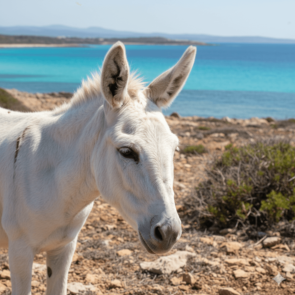 Primo piano di un asinello bianco albino simbolo del Parco Nazionale dell'Asinara