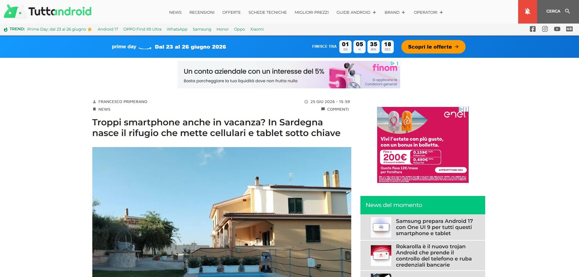 Screenshot dell'articolo di Tuttoandroid dedicato all'iniziativa di Villa Malvasio in Sardegna, il rifugio che mette cellulari e tablet sotto chiave per le vacanze.
