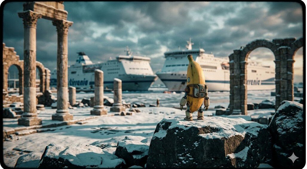 nano-banana-porto-torres-neve-rovine-romane-tirrenia.jpeg Vignetta cinematografica realistica di Nano Banana sulle rocce innevate di Porto Torres. Sullo sfondo le antiche rovine romane di Turris Libisonis e un traghetto Tirrenia in arrivo sotto la neve.
