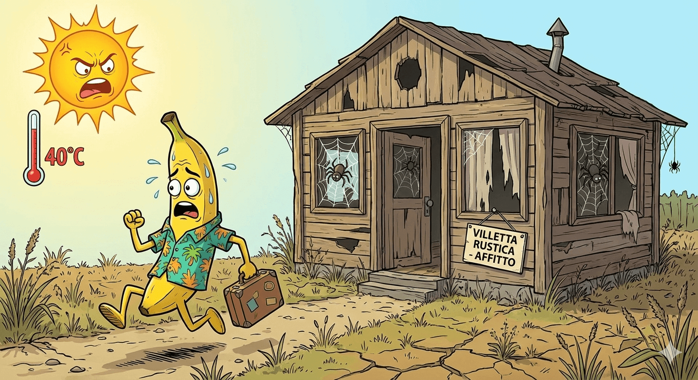 Vignetta satirica Nano Banana scappa da casa vacanza truffa con ragni e caldo in Sardegna