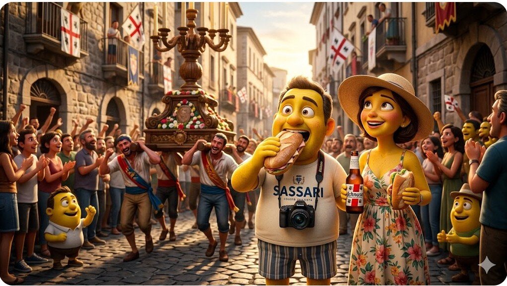 Vignetta in stile cartone animato realistico che mostra Nano Banana e sua moglie, due turisti con la pelle gialla, mentre assistono alla Faradda di li Candareri a Sassari mangiando un panino e bevendo birra Ichnusa tra la folla.
