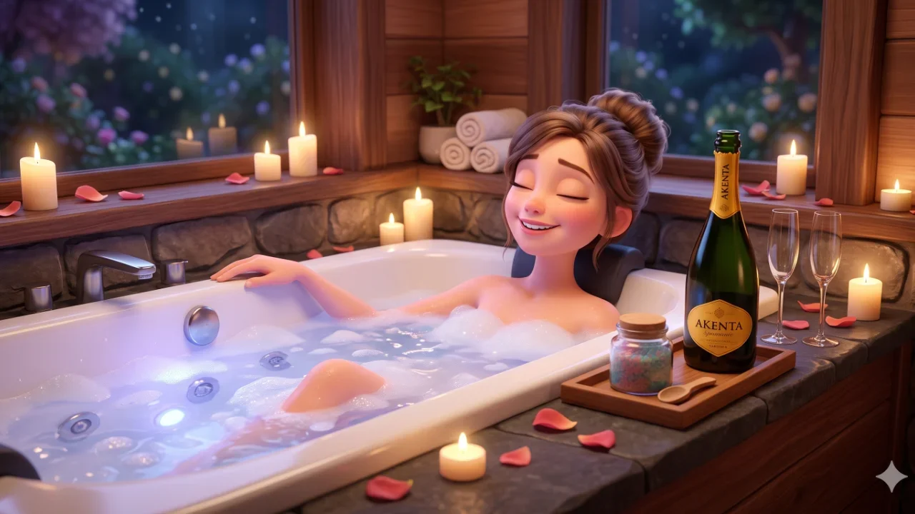 Mujer sonriente relajandose en un lujoso jacuzzi con espuma, sales de bano y una botella de vino espumoso Akenta durante una estancia en Sassari