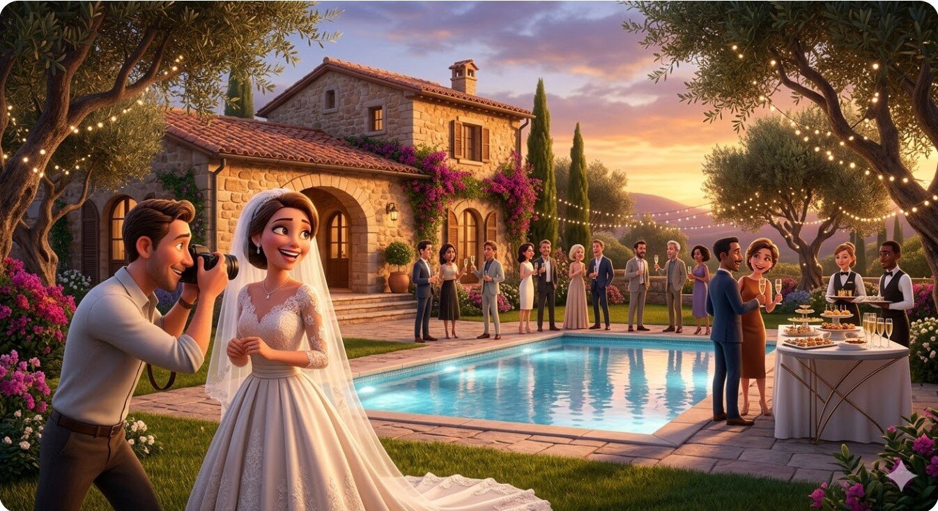 Illustration 3D d'un événement de mariage exclusif au coucher du soleil à Villa Malvasio. Au premier plan, une mariée souriante pose pour un photographe, tandis qu'en arrière-plan, les invités profitent d'une élégante fête au bord de la pis