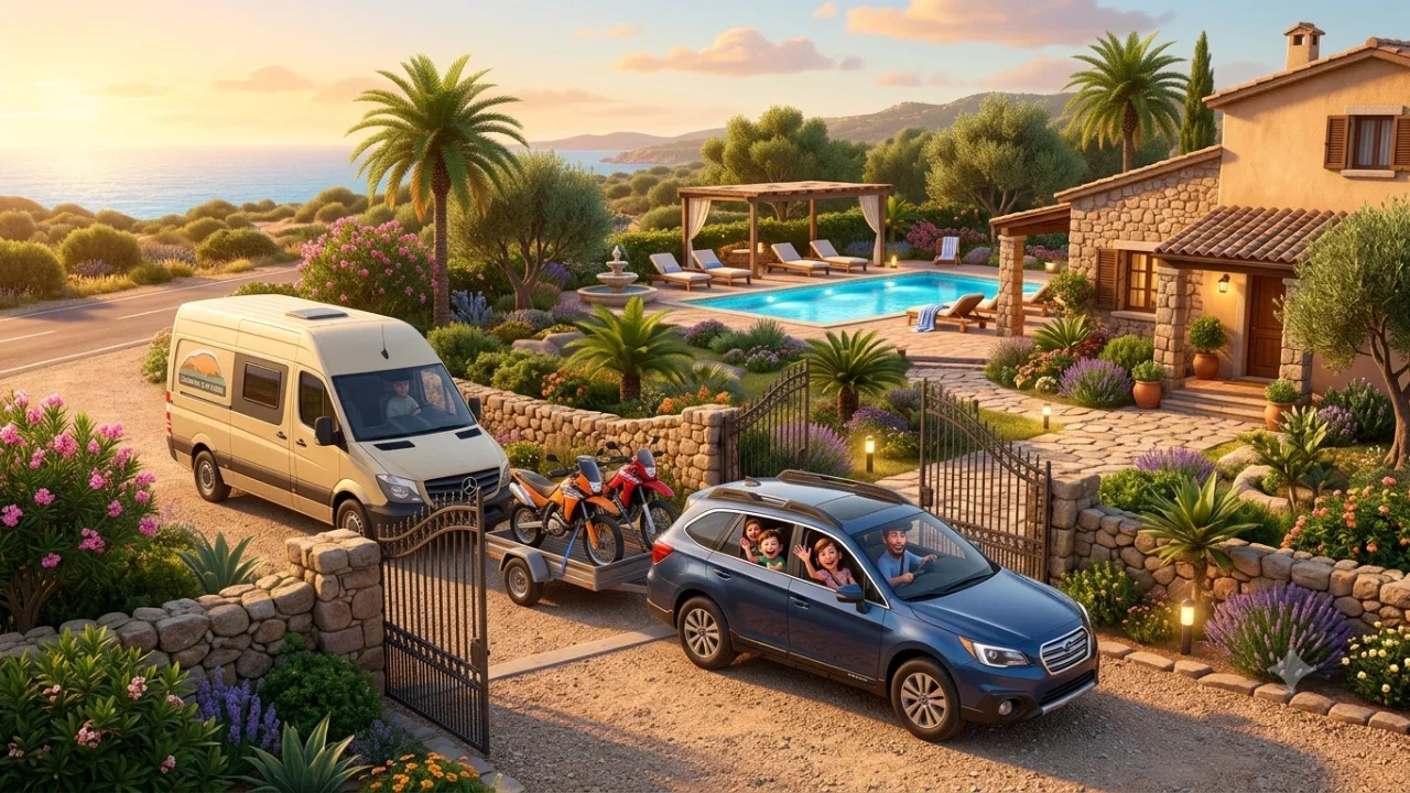 hotel-bed-and-breakfast-motociclisti-sardegna-guida-logistica.webp Automobile con rimorchio porta moto che entra nel grande parcheggio privato recintato di Villa Malvasio in Sardegna per la sosta sicuro dei furgoni