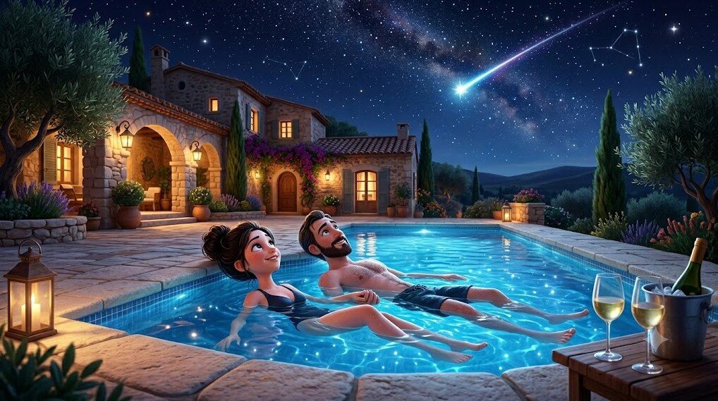fuga-romantica-piscina-notturna-sassari-villa-malvasio.jpeg Coppia romantica fa un bagno notturno nella piscina illuminata di Villa Malvasio a Sassari, ammirando un’incantevole stella cadente.