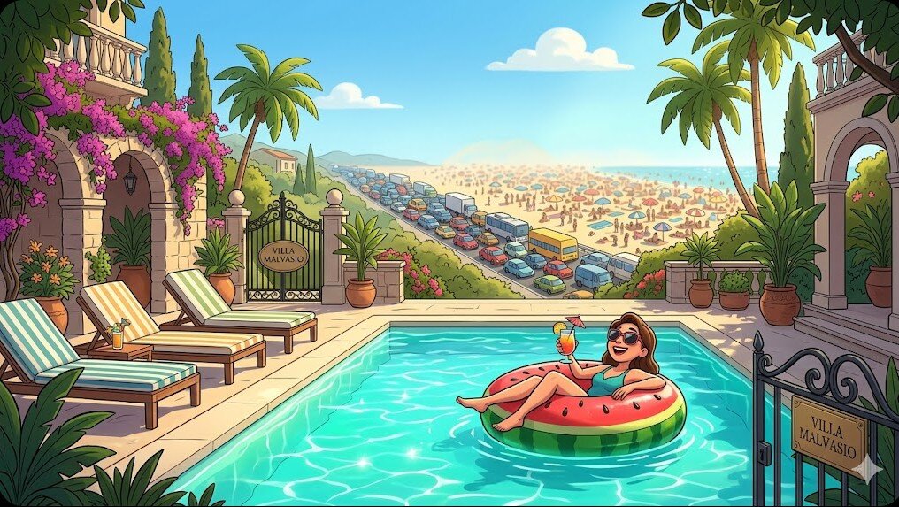 Illustrazione stile cartoon Pixar di una ragazza che si rilassa nella piscina di Villa Malvasio a Ferragosto, con una lunga coda di auto nel traffico verso una spiaggia affollata sullo sfondo.