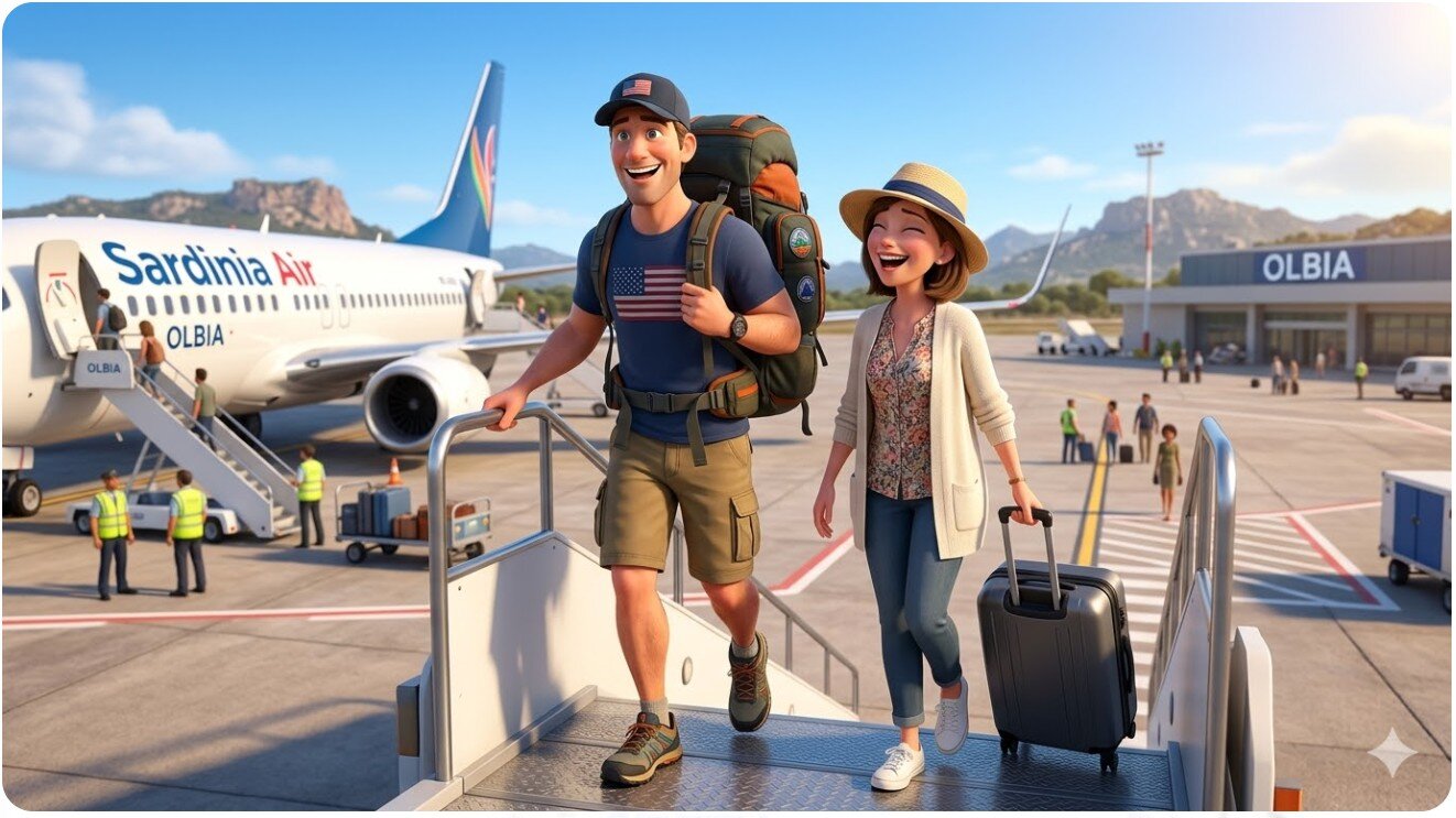 Coppia di turisti americani sorridenti che sbarcano all aeroporto di Olbia dai nuovi voli 2026 per le vacanze in Sardegna