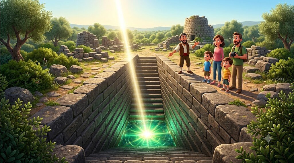 pozzo-sacro-santa-cristina-equinozio-sardegna.jpeg Illustrazione 3D stile Pixar del Pozzo Sacro di Santa Cristina in Sardegna. Una prospettiva dall’alto mostra la scala perfetta in basalto illuminata da un magico raggio di sole che colpisce l’acqua sul fondo (equinozio). Una guida locale spiega il fenomeno a una famiglia di turisti sorridenti, circondata da verde macchia mediterranea e rovine.