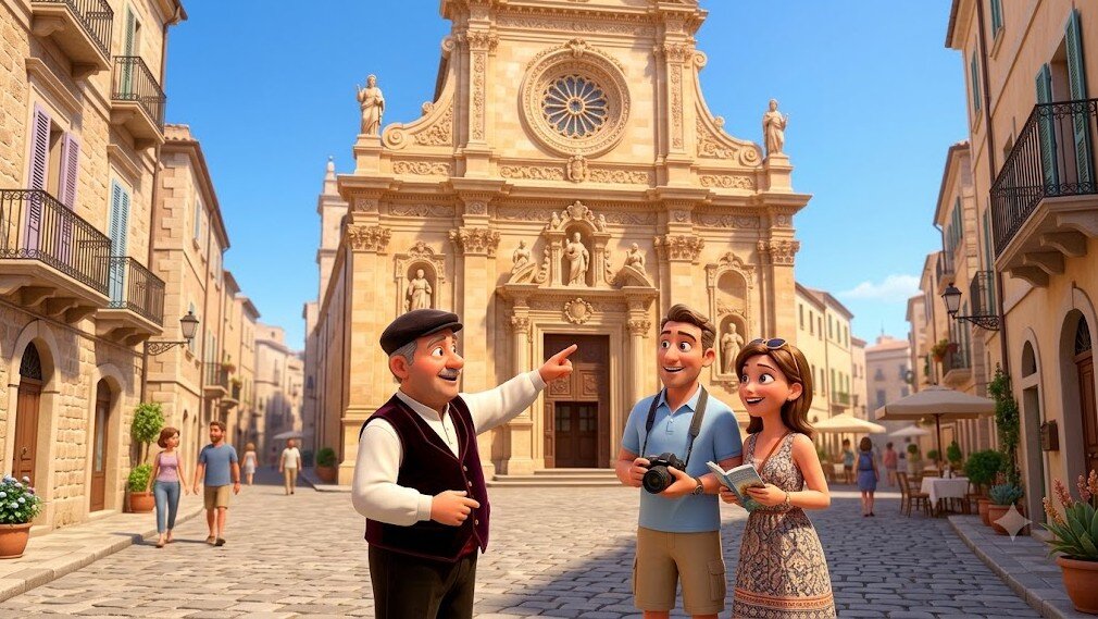 Illustrazione 3D in stile Pixar del centro storico di Sassari in una giornata di sole. In primo piano, la monumentale facciata barocca del Duomo di San Nicola risplende alla luce del sole. Un’amichevole guida locale indica i dettagli architettonici a una 