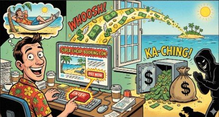 truffa-finto-sito-booking.jpeg "Vignetta satirica che illustra la truffa dei finti siti di prenotazione viaggi, con un utente ignaro e i soldi rubati da un hacker."