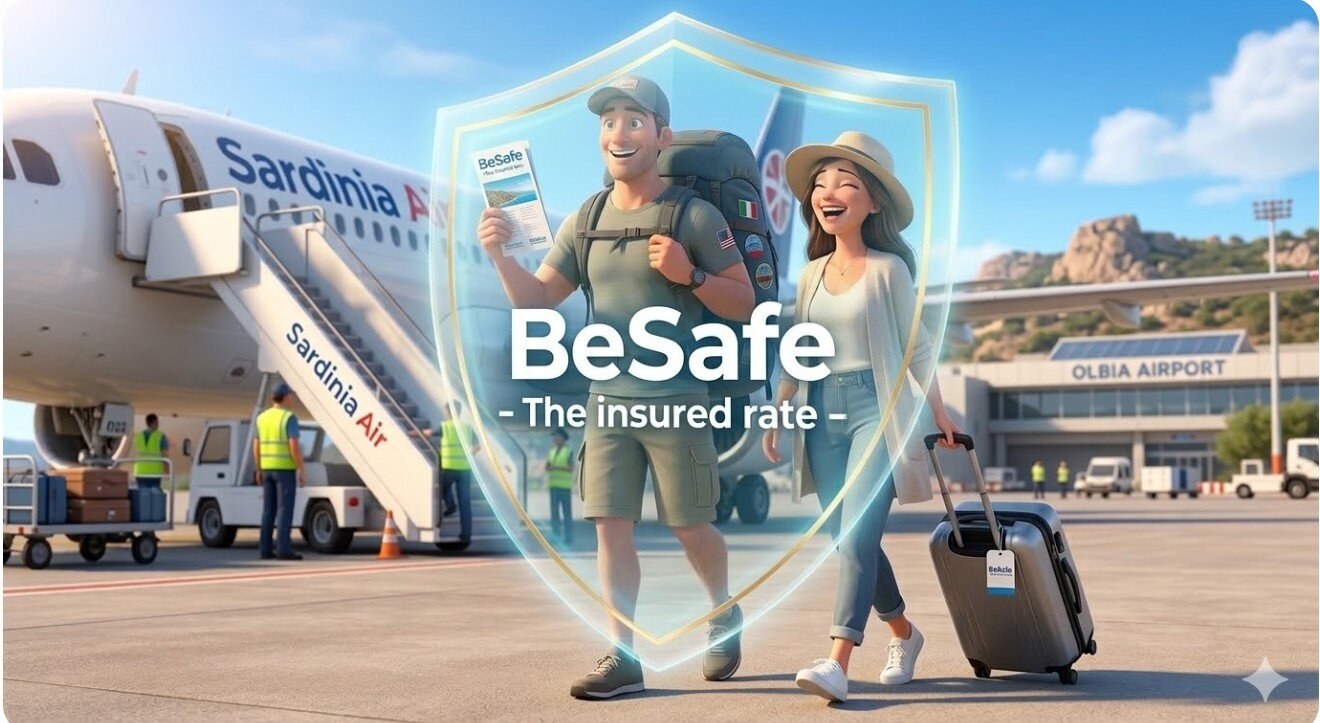 uristi-arrivo-olbia-scudo-assicurazione-besafe-sardegna.jpeg Coppia di turisti americani all aeroporto di Olbia protetti dallo scudo tariffa assicurata besafe per vacanze sicure in sardegna