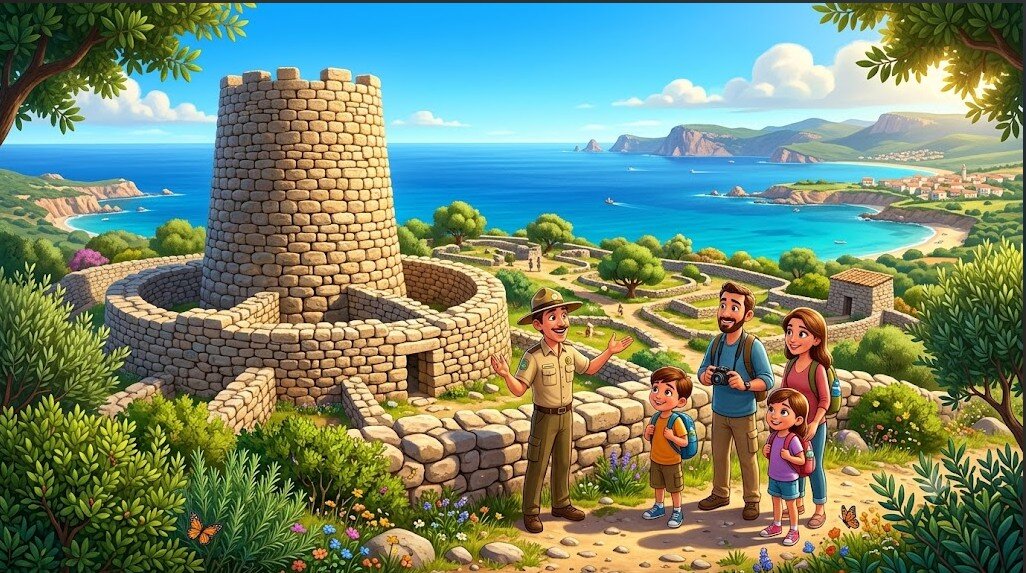nuraghe-palmavera-alghero-sardegna-visita.jpeg Illustrazione 3D stile Pixar del complesso nuragico Palmavera vicino ad Alghero in una giornata di sole. Un’esperta guida mostra le antiche mura di pietra a una famiglia di turisti sorridenti. Sullo sfondo, la splendida costa sarda con il mare azzurro sotto un cielo sereno.