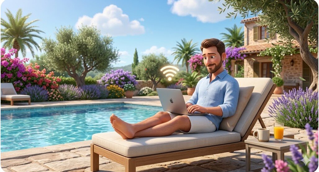 smart-working-sardegna-villa-malvasio-sassari.jpeg Illustrazione 3D in stile Pixar di un professionista che lavora felice al computer a bordo piscina in una villa in Sardegna.