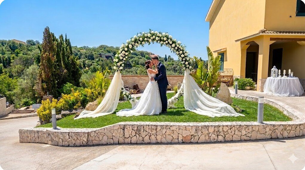 Sposi che si baciano sotto un romantico arco nuziale floreale nel giardino di Villa Malvasio a Sassari, set fotografico ideale per matrimoni all'aperto.