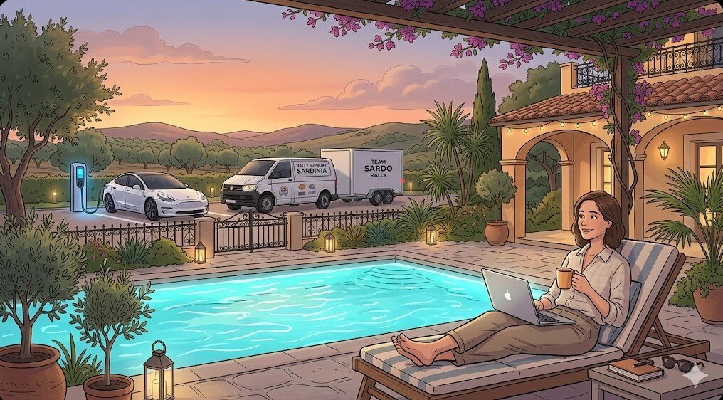 hotel-sassari-parcheggio-sicuro-furgoni-carrelli-workation.jpeg Illustrazione stile cartoon di una professionista in relax a bordo piscina a Villa Malvasio, con un'auto elettrica in ricarica e un furgone rally con carrello in un parcheggio privato e sicuro sullo sfondo.
