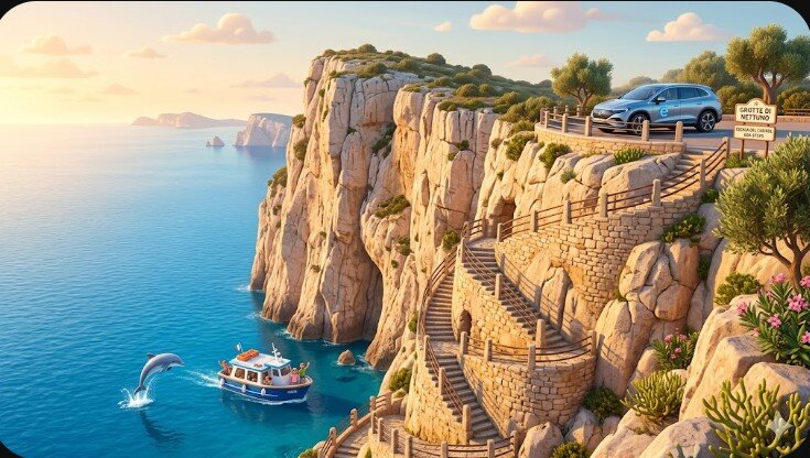 Illustrazione 3D in stile Pixar della scogliera di Capo Caccia e delle Grotte di Nettuno ad Alghero, con la scalinata dell'Escala del Cabirol, un traghetto turistico con delfino e un'auto elettrica parcheggiata.