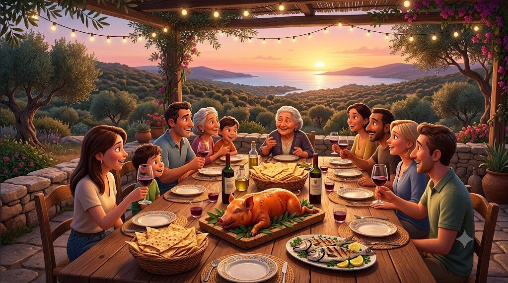 cena-tipica-sarda-porceddu-tramonto-sardegna.jpeg Illustrazione 3D di una cena rustica sarda al tramonto. Una famiglia felice e turisti siedono attorno a un’accogliente tavolata con maialetto arrosto, pane carasau e vino rosso, immersi nel paesaggio mediterraneo.