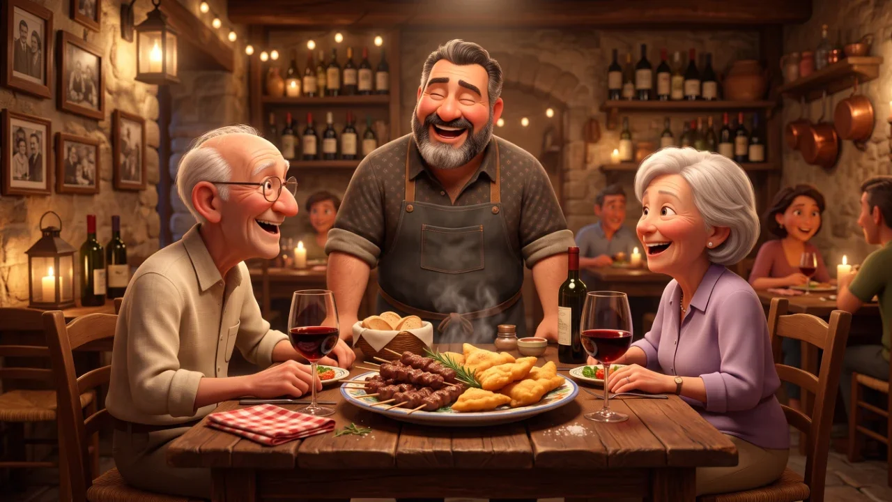 Un oste sorridente e due turisti inglesi che si divertono davanti a un piatto di arrosticini e vino rosso all'Osteria Piega