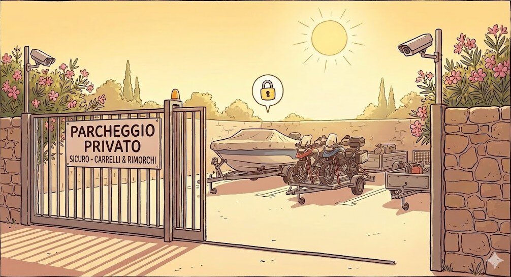 parcheggio-sicuro-carrelli-traino-villa-malvasio-sassari.jpeg Illustrazione generata dall'AI raffigurante l'ampio parcheggio sicuro e videosorvegliato di Villa Malvasio a Sassari, ideale per la sosta lunga di carrelli e rimorchi."