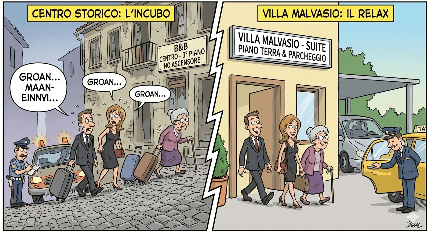 Fumetto a confronto: stress B&amp;B centro storico vs comfort e parcheggio Villa Malvasio per parenti laurea.