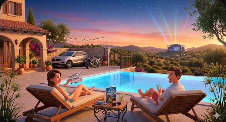 Illustrazione 3D in stile Pixar di una coppia in relax a bordo piscina a Villa Malvasio, con biglietti per i concerti nel Nord Sardegna e guida dell'Asinara. Sullo sfondo il palco di un festival, mentre auto e moto sono al sicuro nel parcheggio priva