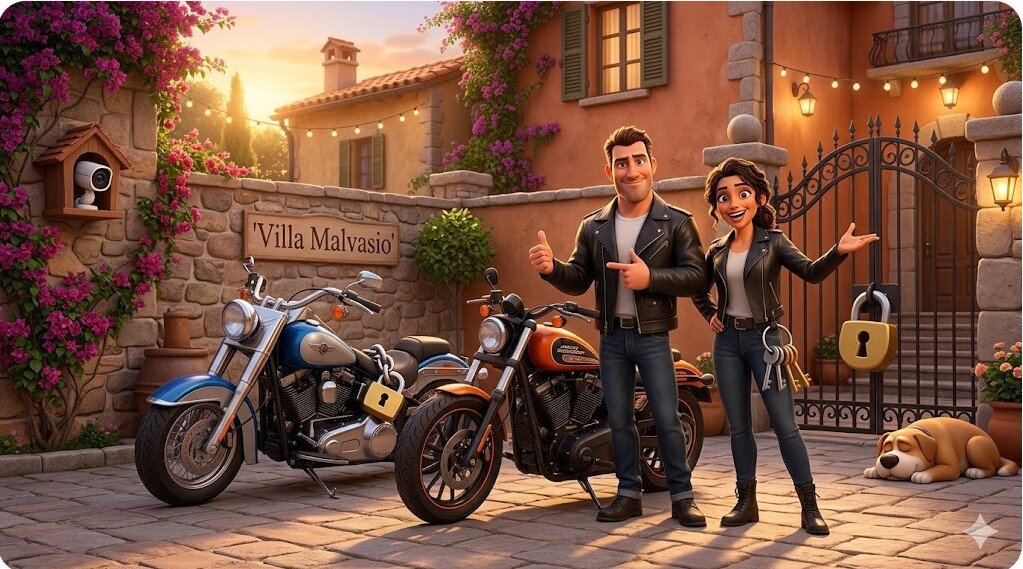 Cute 3D illustration of a smiling biker couple next to their custom motorcycles, safely parked in the private fenced courtyard of Villa Malvasio in Sassari