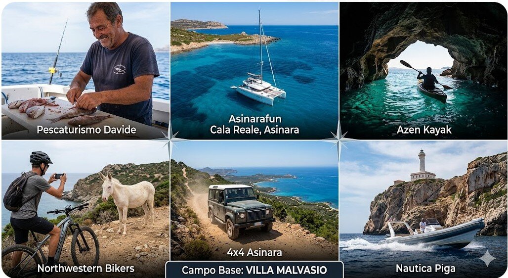 Collage fotografico di 6 esperienze nel Nord Sardegna: pescaturismo, catamarano, kayak, e-bike all'Asinara, tour in 4x4 e gita in gommone ad Alghero, con base a Villa Malvasio.