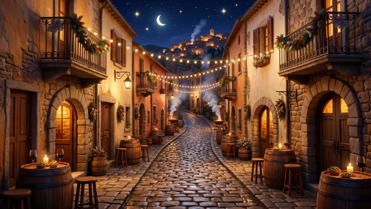 Antica stradina di usini illuminata a festa con cantine nel tufo e botti di vino durante ajo a ippuntare