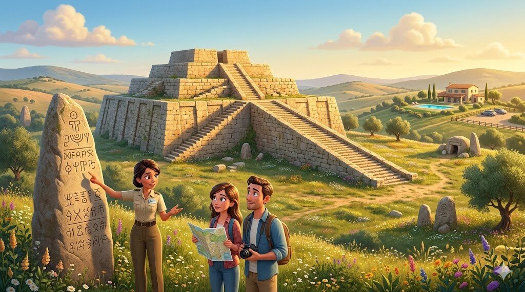 Illustrazione 3D stile Pixar del santuario prenuragico di Monte d'Accoddi in Sardegna al tramonto. Una guida spiega la storia di un menhir a una coppia. Sullo sfondo, l'altare a gradoni (ziqqurat) e una villa moderna con piscina (Villa Malvasio)