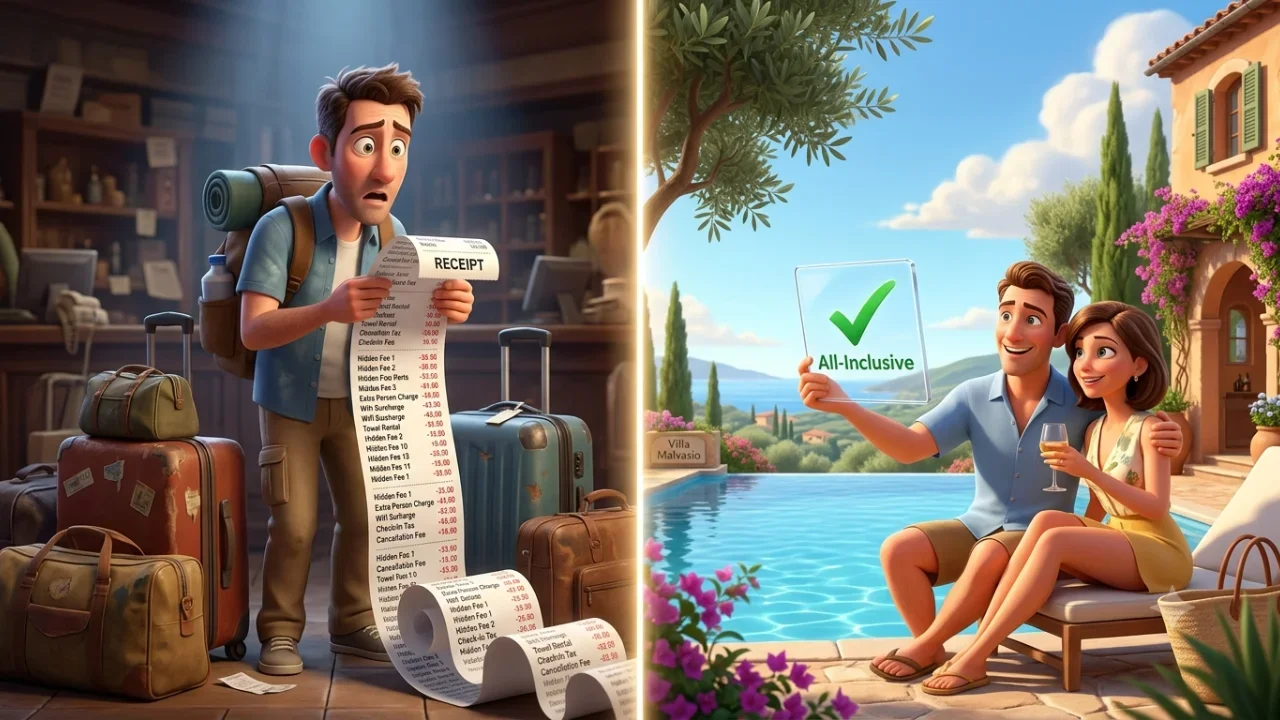 Illustrazione concettuale 3D in stile Pixar divisa in due. Il lato sinistro mostra un turista frustrato circondato da bagagli, scioccato da un lunghissimo scontrino cartaceo pieno di costi nascosti. Il lato destro mostra una coppia felice che si rilassa i
