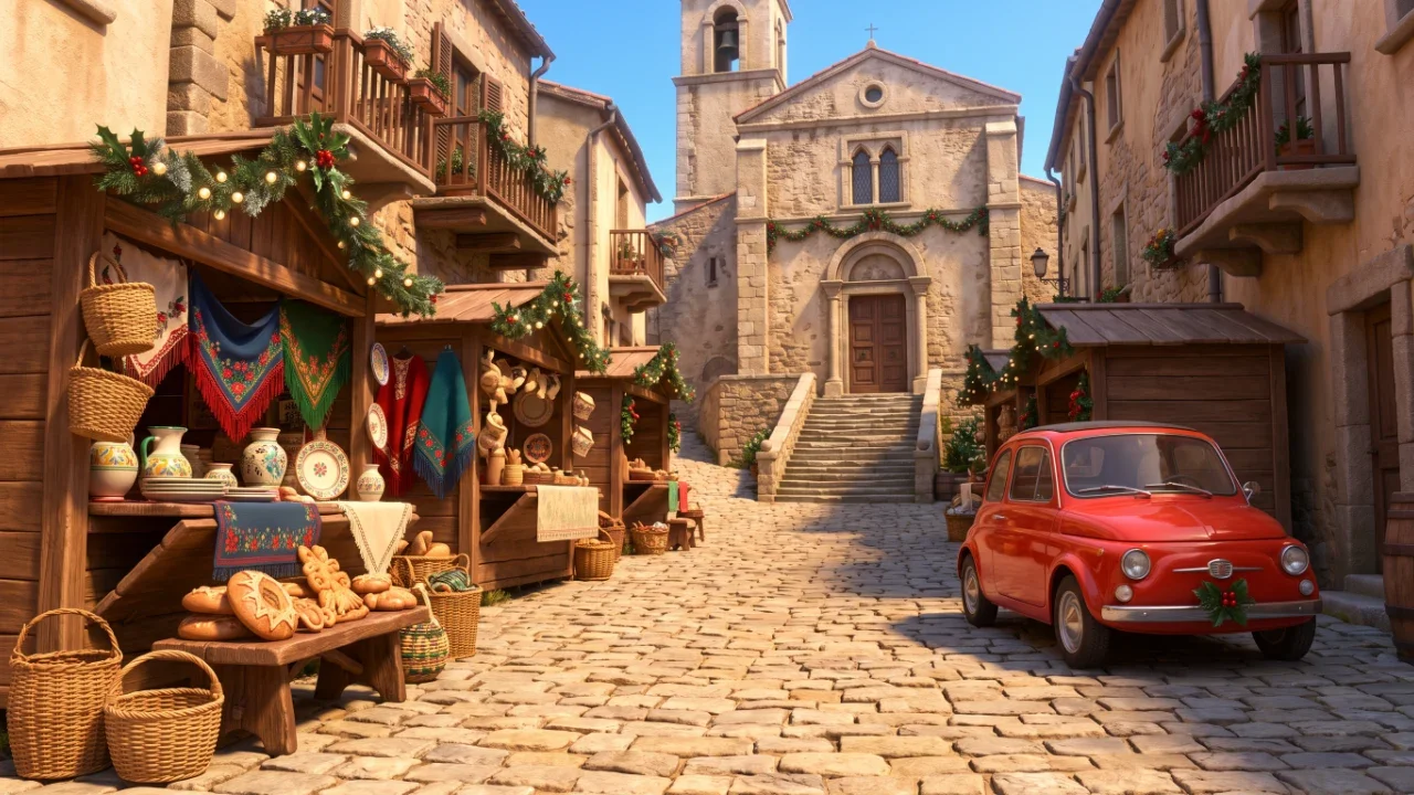 prendas-di-ittiri-2026-artigianato-sardo-souvenir-autentici.webp Bancarelle di artigianato sardo e auto d epoca rossa in un antico borgo durante prendas di ittiri