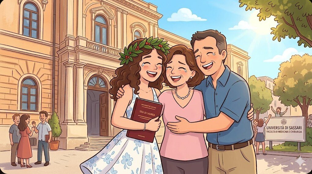 Illustrazione cartoon di una giovane laureata in medicina che abbraccia i genitori davanti all'Università di Sassari con la tesi in mano.
