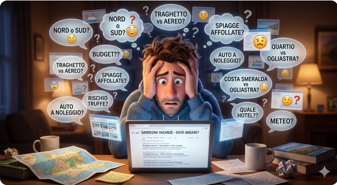 Turista stressato al computer, con la testa tra le mani, circondato da nuvole di dubbi su come organizzare le vacanze nel Nord Sardegna.