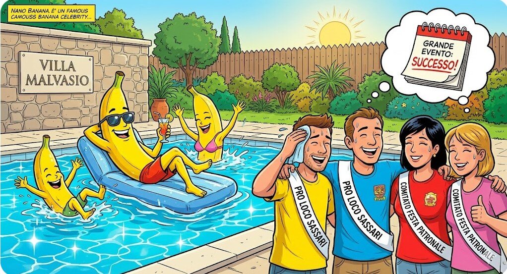 Illustrazione umoristica di un artista VIP che si rilassa in piscina con la famiglia a Villa Malvasio, mentre gli organizzatori dell'evento e la Pro Loco festeggiano il successo grazie alla privacy e all'ospitalità esclusiva della struttura.&quo