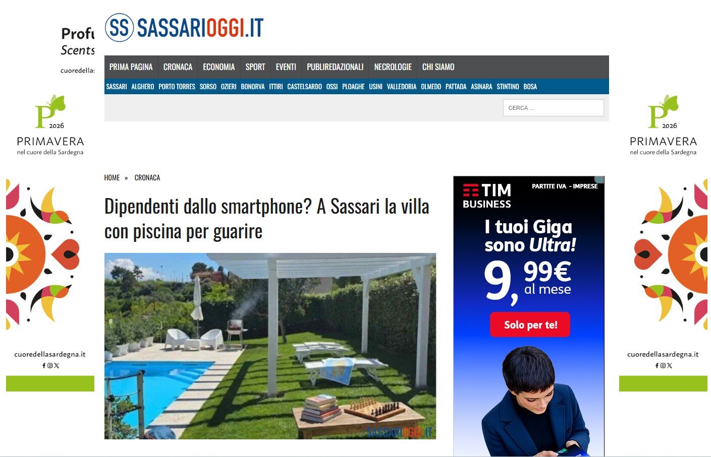 Screenshot dell'articolo di SassariOggi.it che parla della villa con piscina a Sassari che offre un rifugio digital detox per guarire dalla dipendenza da smartphone.
