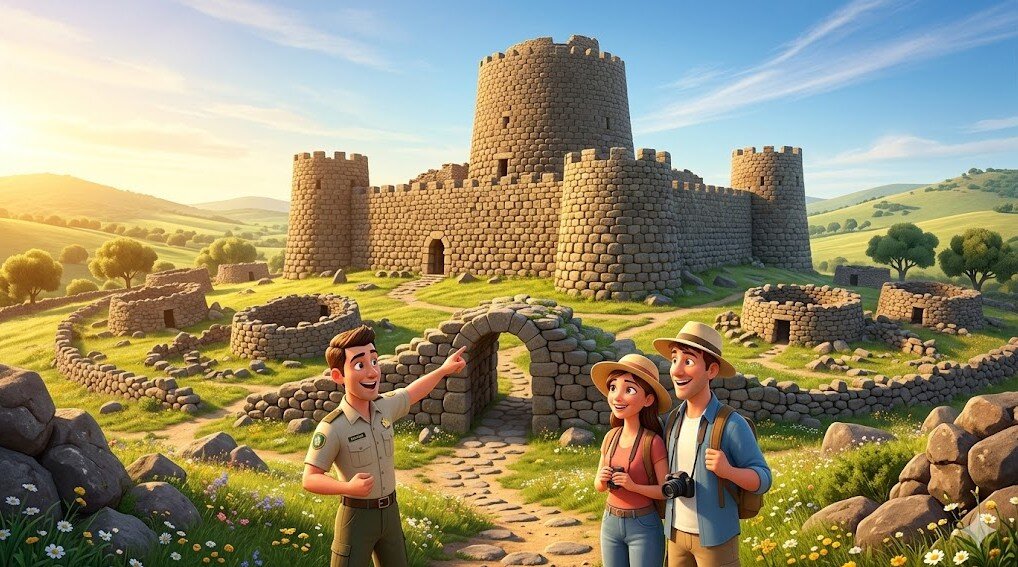Illustrazione 3D in stile Pixar del maestoso Nuraghe Santu Antine in Sardegna. Una guida turistica mostra l’ingresso in pietra a una coppia di visitatori, circondati dalle rovine del villaggio nuragico sotto il sole.