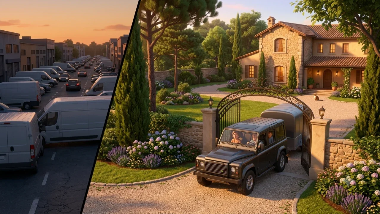 Grand fourgon commercial avec une remorque entrant dans un parking prive securise de la villa elegante a Sassari pour eviter les risques de la zone industrielle