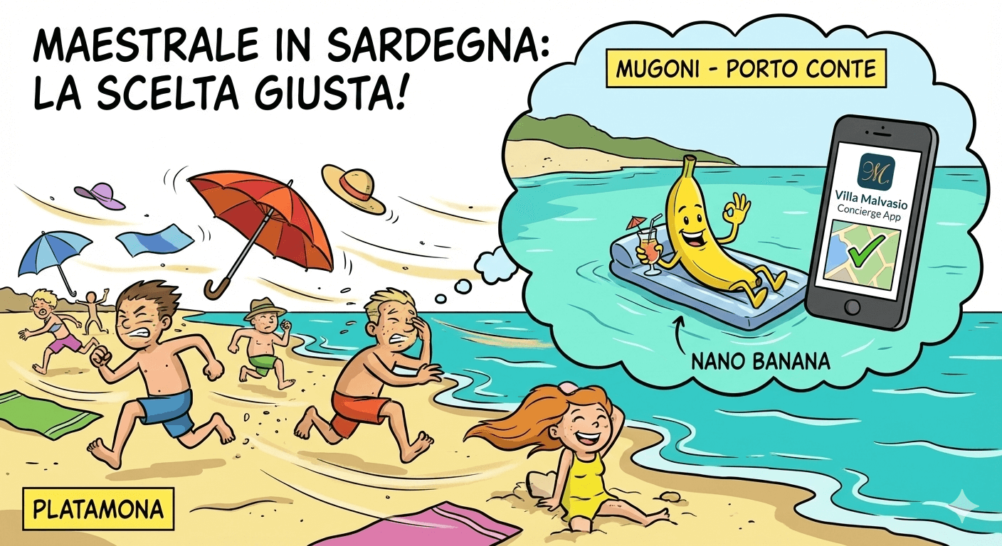 Nano Banana relaxing sheltered beach Mistral Sardinia Weather App